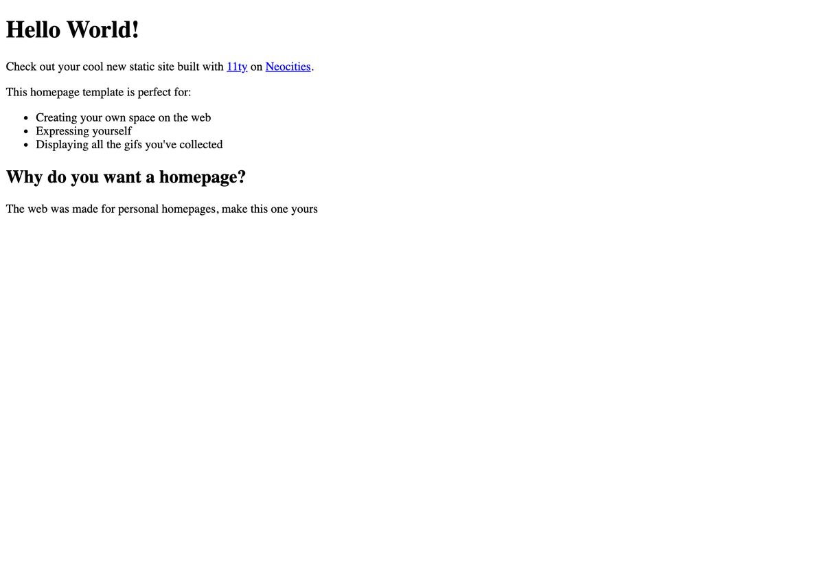 The homepage now rendered through the base layout, showing the title and the homepage content