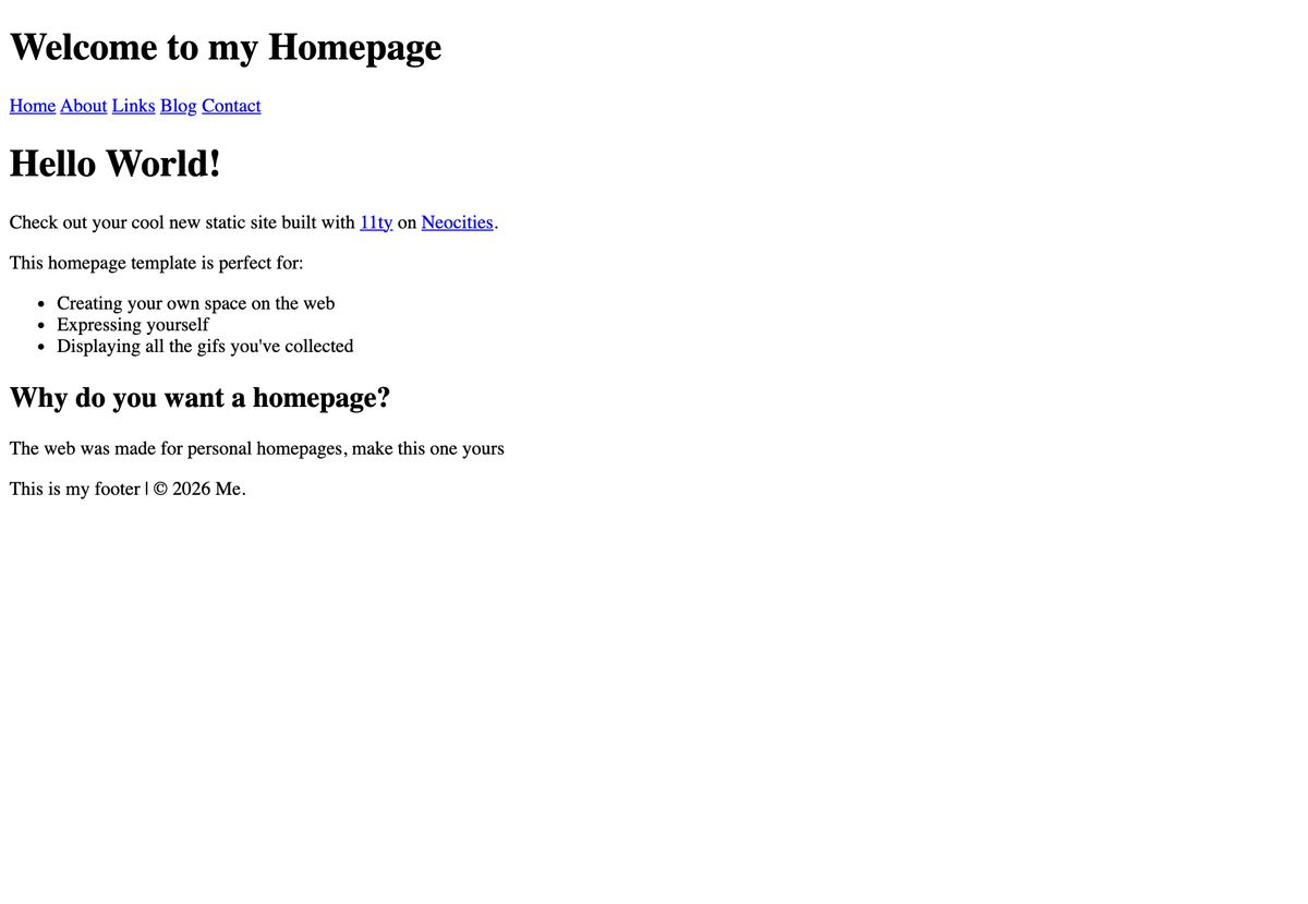 The homepage with the shared header, navigation links and footer added from the partial files