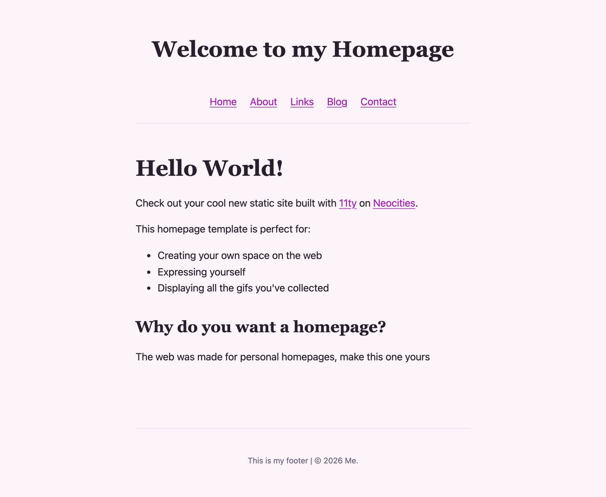 The finished homepage, centred with a clean system font, spaced-out navigation and a footer divider