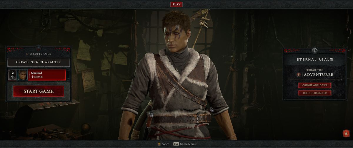 The character select screen in the game Diablo IV
