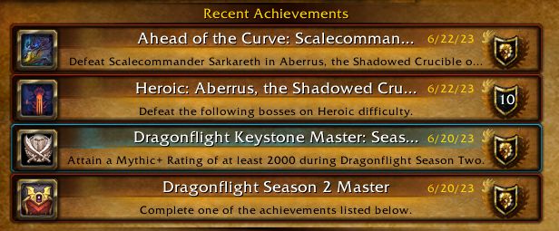 A screenshot of my last four achievements in World of Warcraft, wrapping up Dragonflight Season Two.