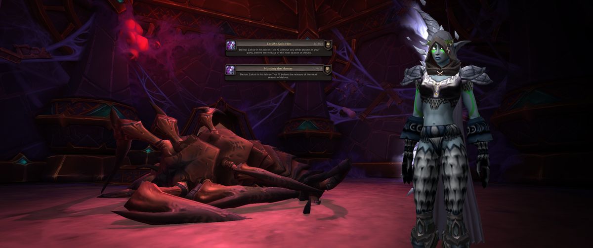 My World of Warcraft character, a Marksmanship Hunter stands triumphantly beside a defeated Zekvir in his dark, webbed lair. Overlaid text reads: 