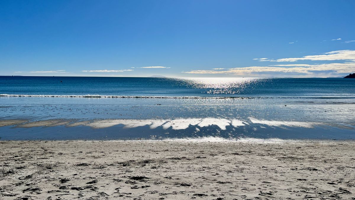 Waves gently lap the sandy shore under a clear blue sky. Sunlight sparkles on the ocean's surface, extending to the horizon with scattered clouds in the distance.