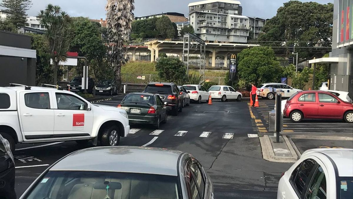 A McDonald's car park filled with lots of traffic
