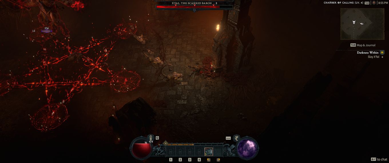 A screenshot of Diablo IV gameplay, fighting the first boss