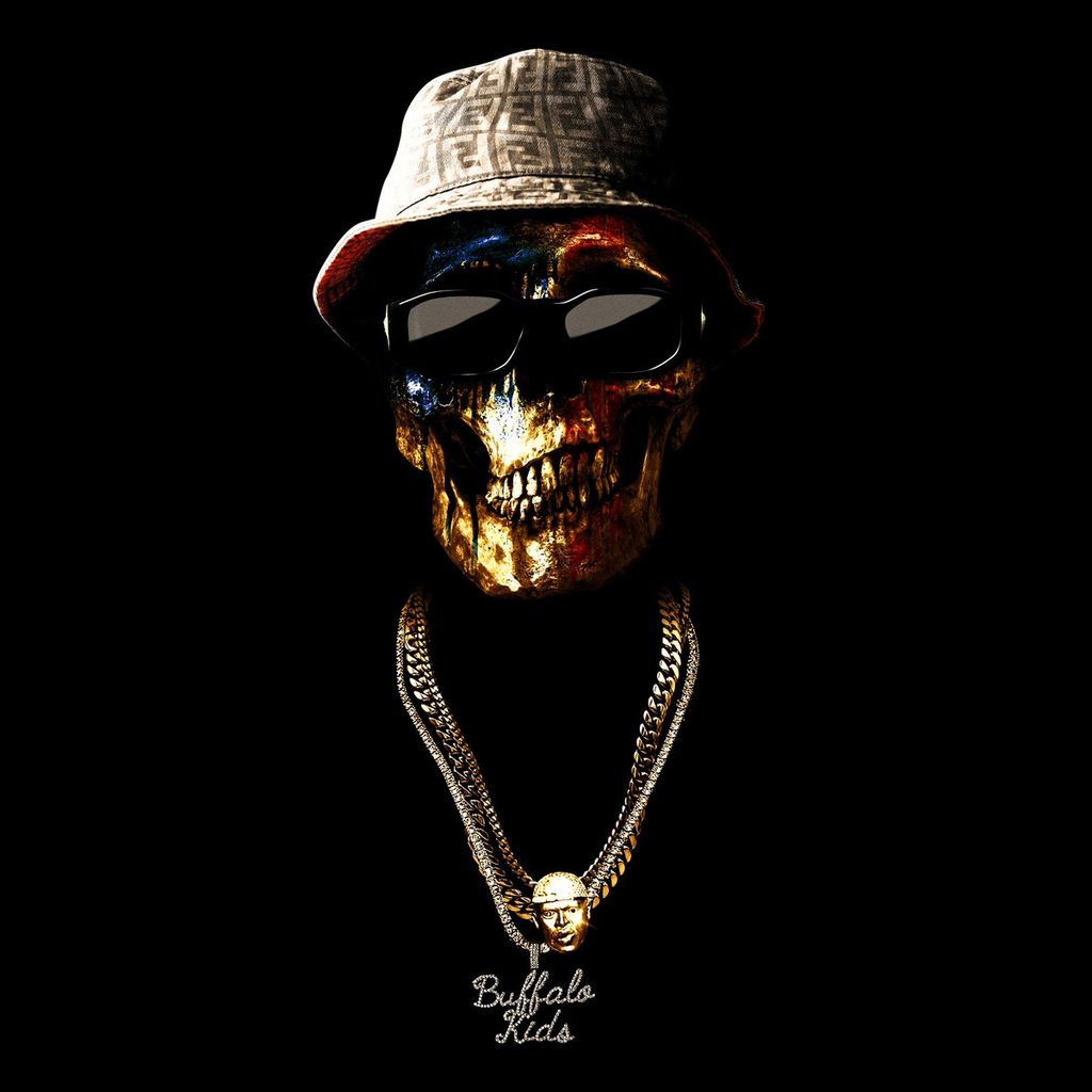 A skull wearing sunglasses and a hat